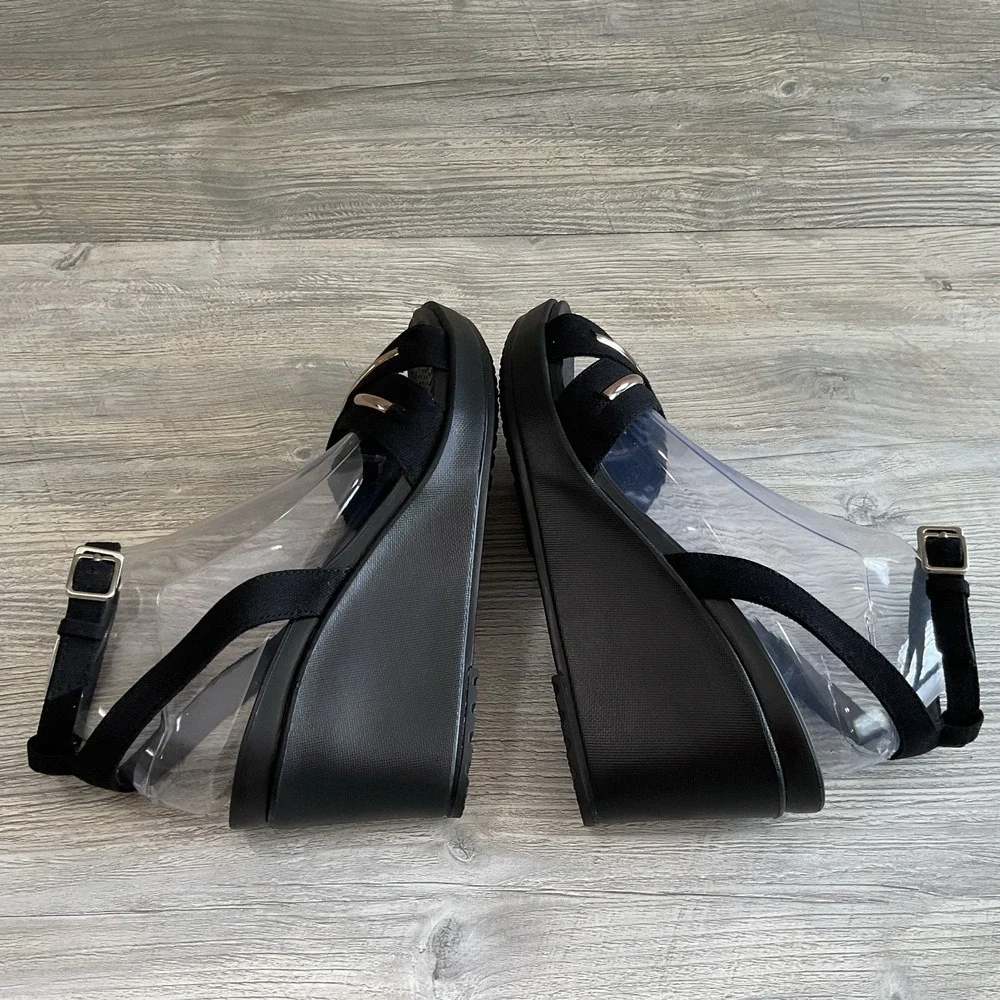 Crocs Leigh II Womens Size 11 CrossStrap Metalblock Ankle Wedge Black Sandals